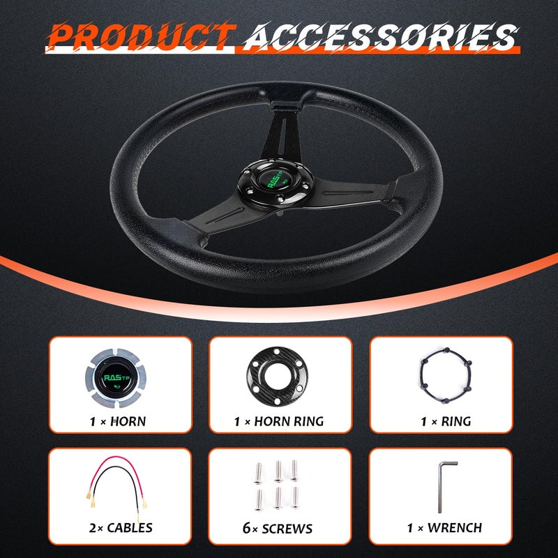 RASTP Universal Racing Steering Wheel 13.8â€/350mm 6 Bolts Grip Vinyl Leather & Aluminum with Horn Button for Car -Black - Image 4